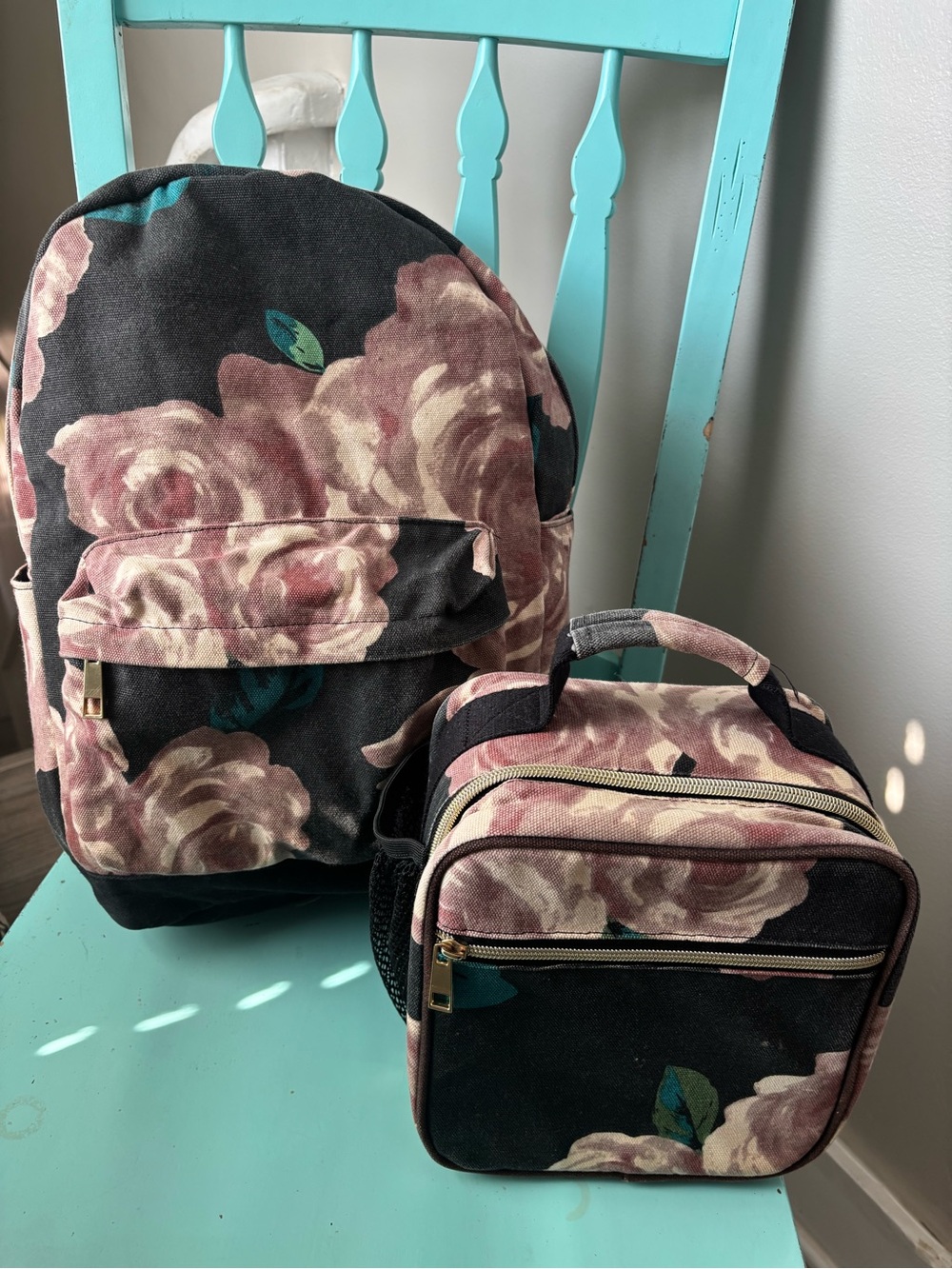 Pottery Barn Teen Backpack & Lunch Bag Set in Black and Dusty Rose